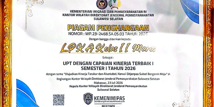 LPKA Kelas II Maros Raih Prestasi Capaian Kinerja Terbaik Pertama di Lingkungan Direktorat Jenderal Pemasyarakatan Sulawesi Selatan