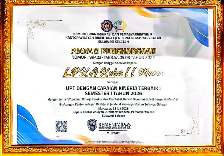 LPKA Kelas II Maros Raih Prestasi Capaian Kinerja Terbaik Pertama di Lingkungan Direktorat Jenderal Pemasyarakatan Sulawesi Selatan